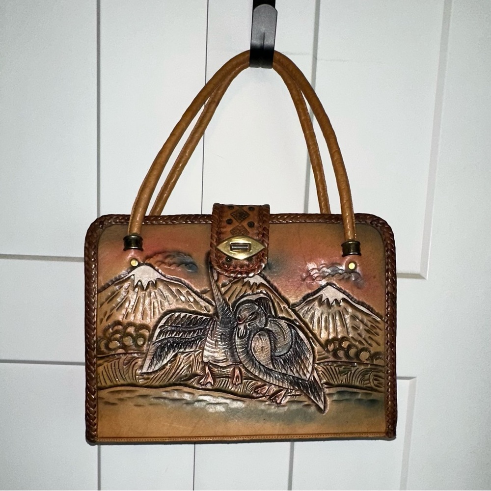 Vintage Tooled Brown Leather Shoulder Bag with Bird Design
